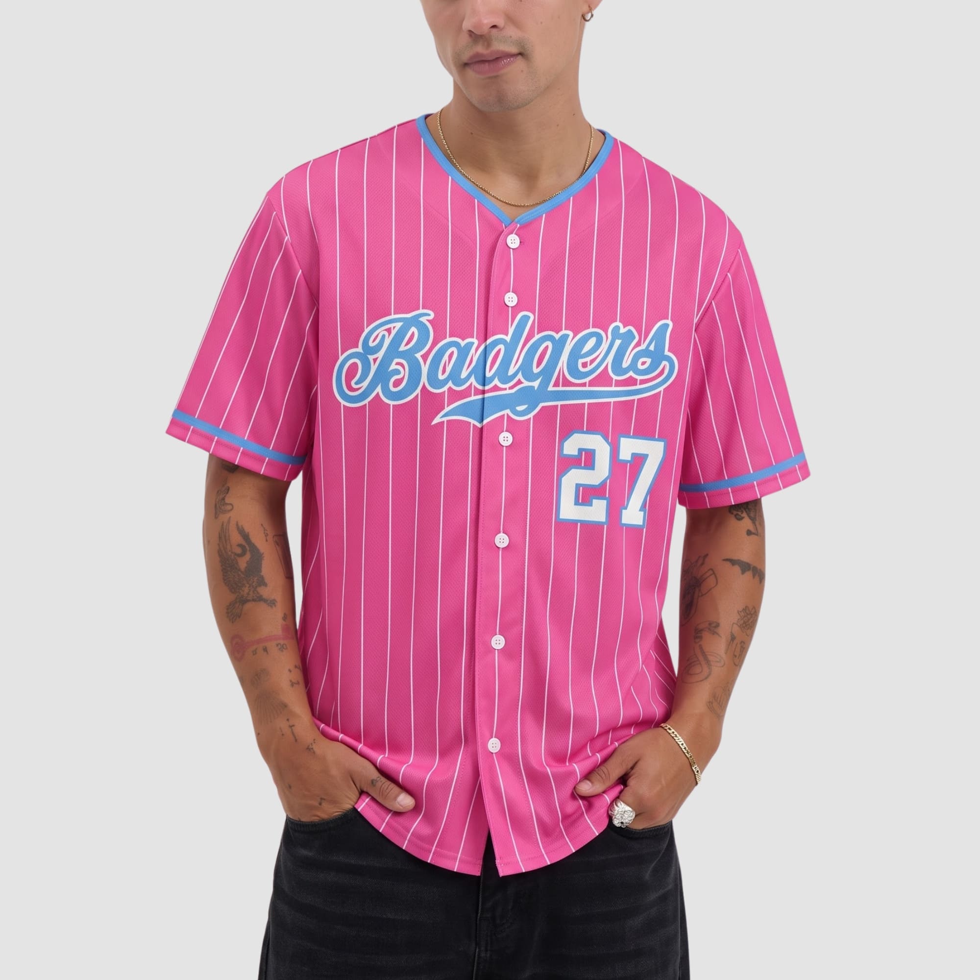 Custom Pink Light Blue-White Pinstripe Festure Baseball Jersey