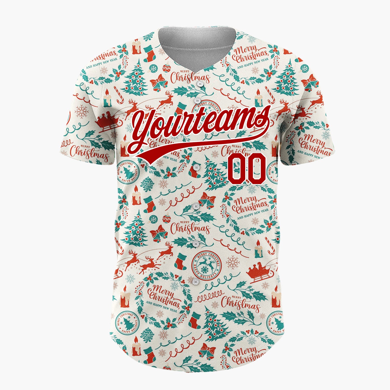 Custom Beige Merry Christmas Wreath Doodles Cartoon Pattern Christmas Baseball Jersey