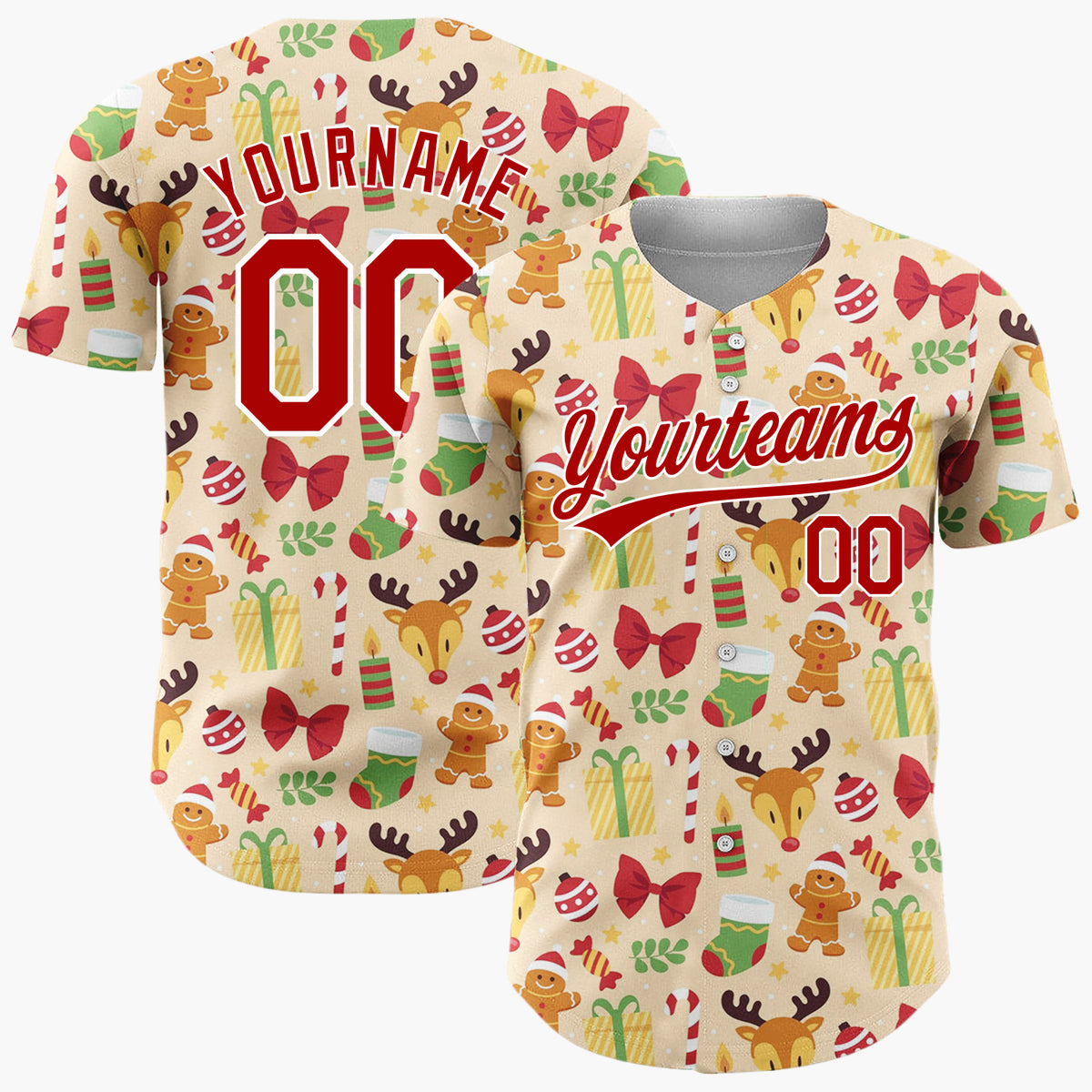 Custom Beige Reindeer Fox Woodland Animals Cartoon Pattern Christmas Baseball Jersey