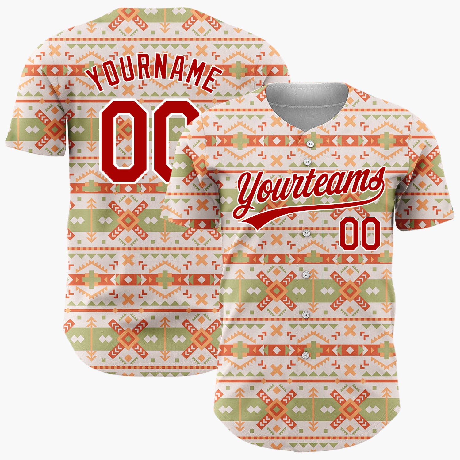 Custom Beige Olive Tribal Arrows And Diamonds Southwest Geometric Pattern Christmas Baseball Jersey