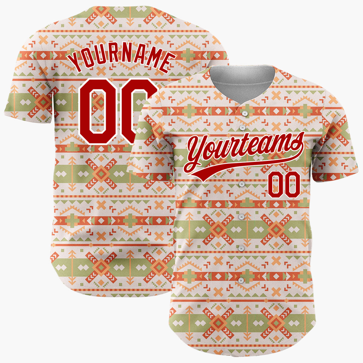 Custom Beige Olive Tribal Arrows And Diamonds Southwest Geometric Pattern Christmas Baseball Jersey