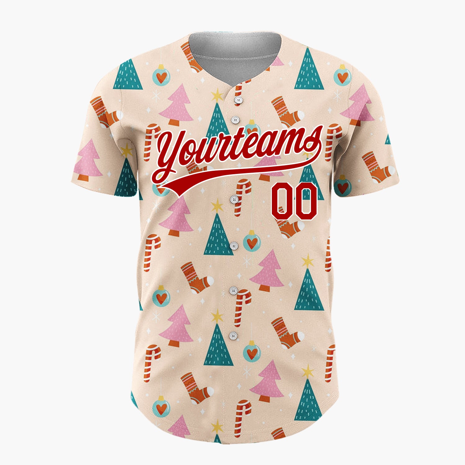 Custom Beige Pink Trees Candy Canes And Stockings Christmas Minimalist Pattern Christmas Baseball Jersey