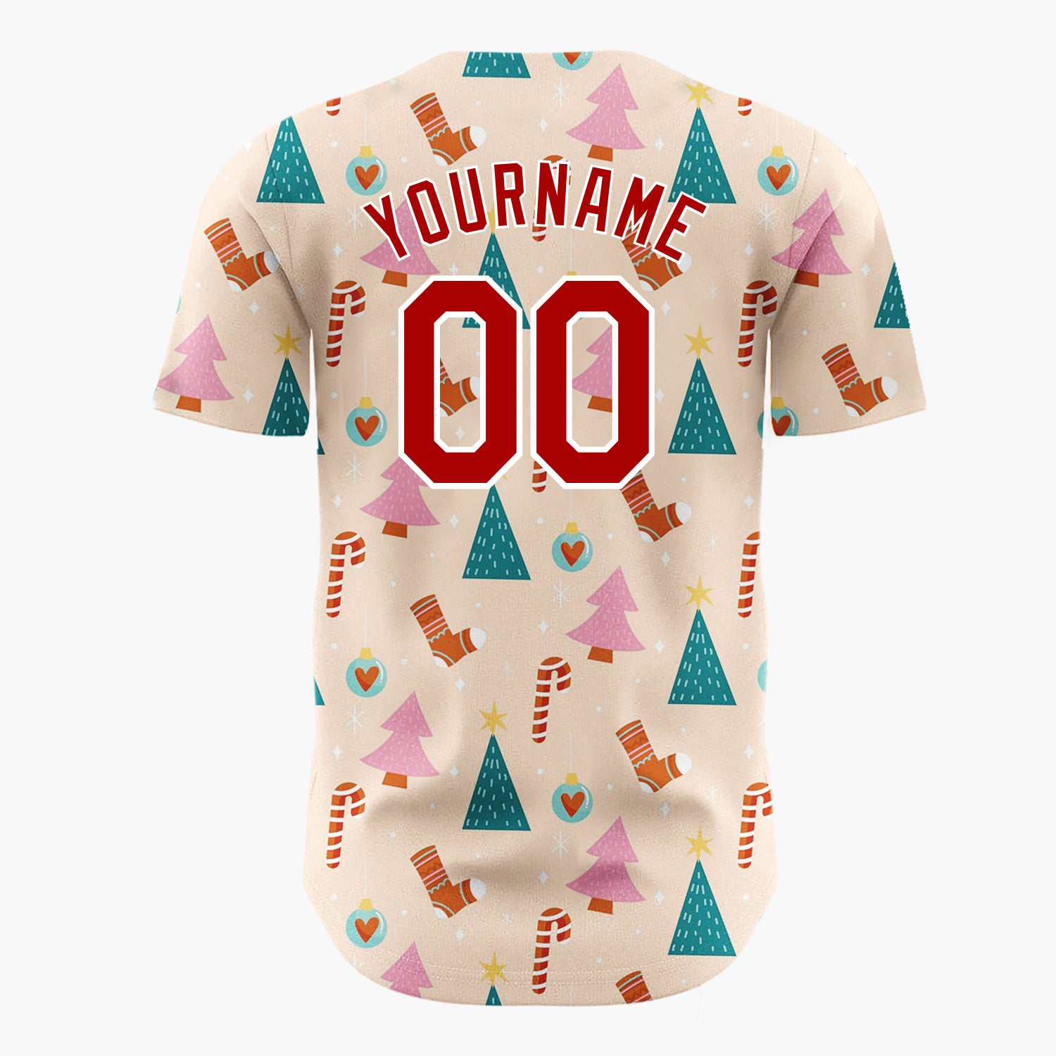 Custom Beige Pink Trees Candy Canes And Stockings Christmas Minimalist Pattern Christmas Baseball Jersey