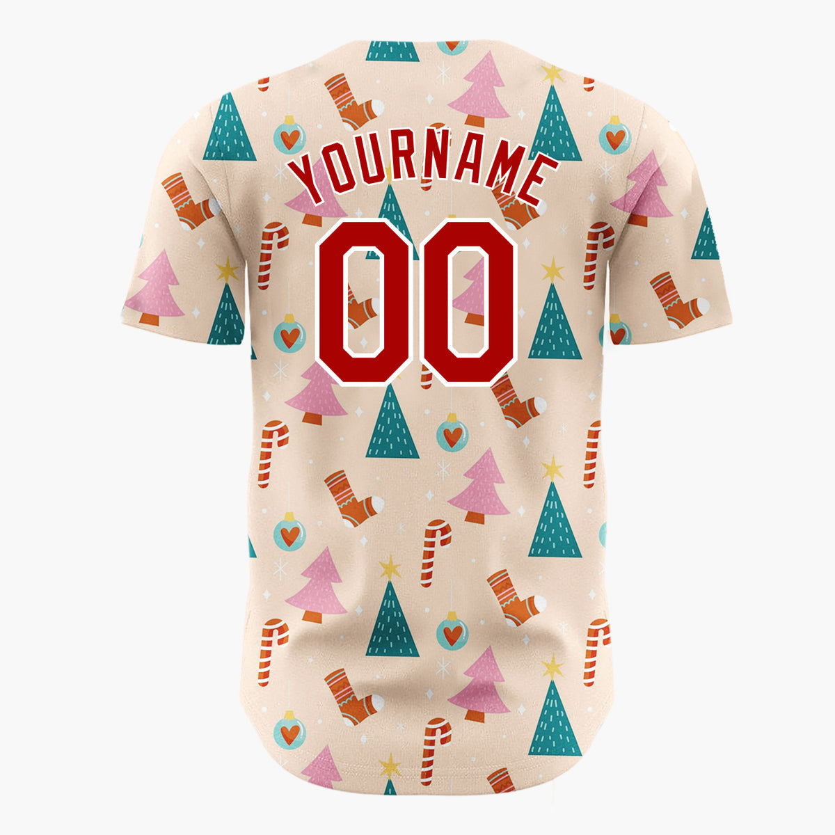 Custom Beige Pink Trees Candy Canes And Stockings Christmas Minimalist Pattern Christmas Baseball Jersey