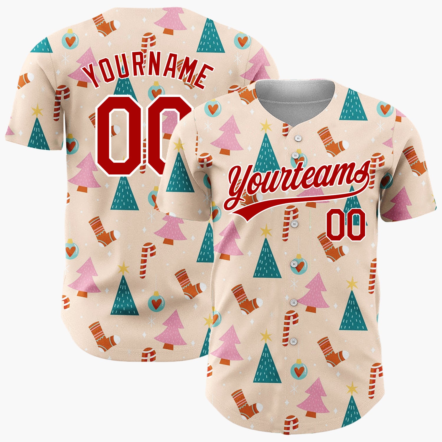 Custom Beige Pink Trees Candy Canes And Stockings Christmas Minimalist Pattern Christmas Baseball Jersey