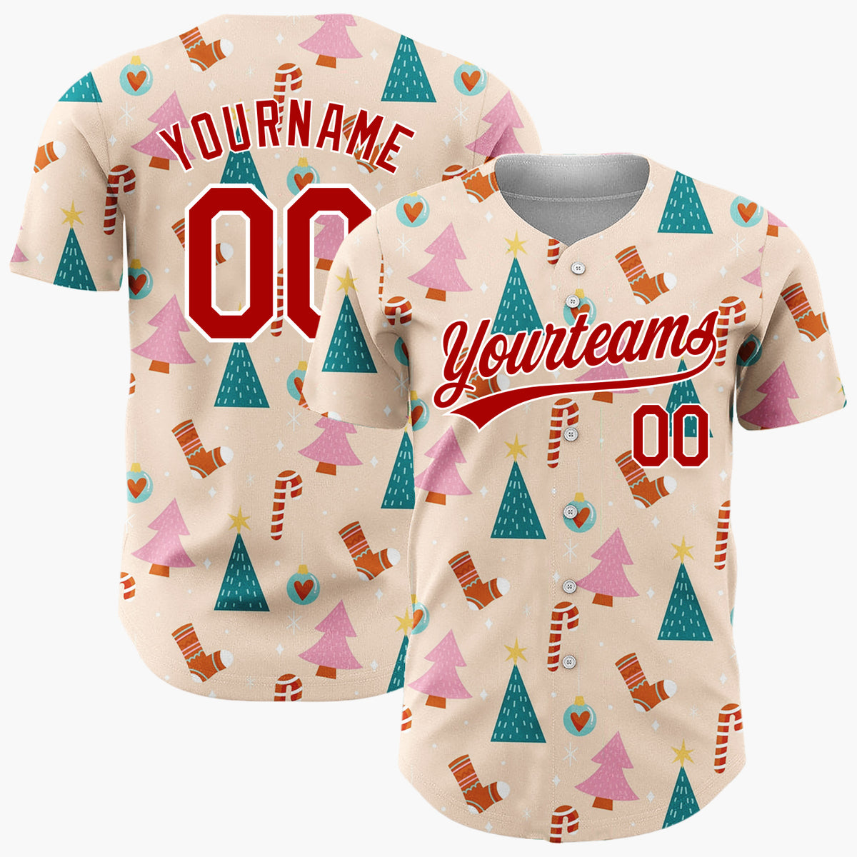 Custom Beige Pink Trees Candy Canes And Stockings Christmas Minimalist Pattern Christmas Baseball Jersey