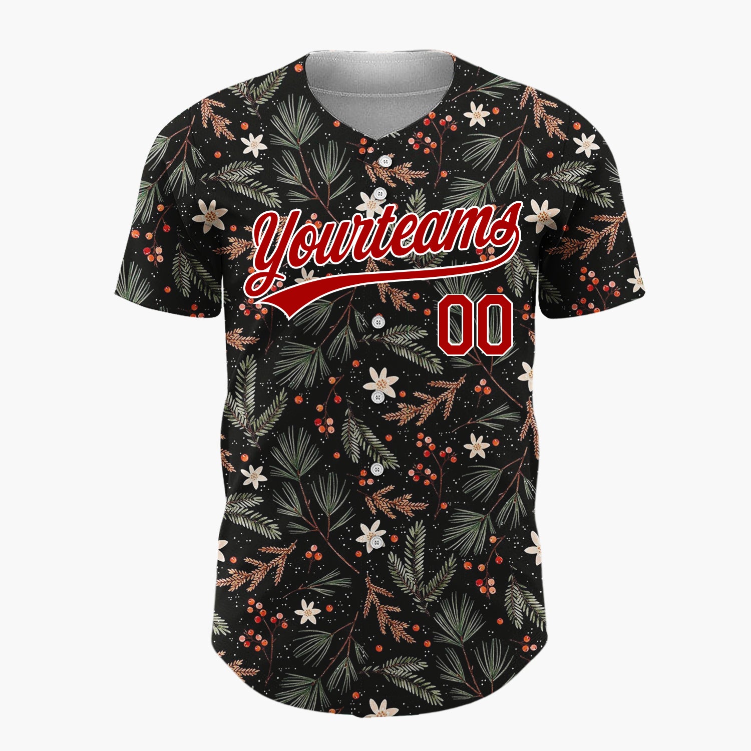 Custom Black Holly Berries Foliage Rustic Cartoon Pattern Christmas Baseball Jersey