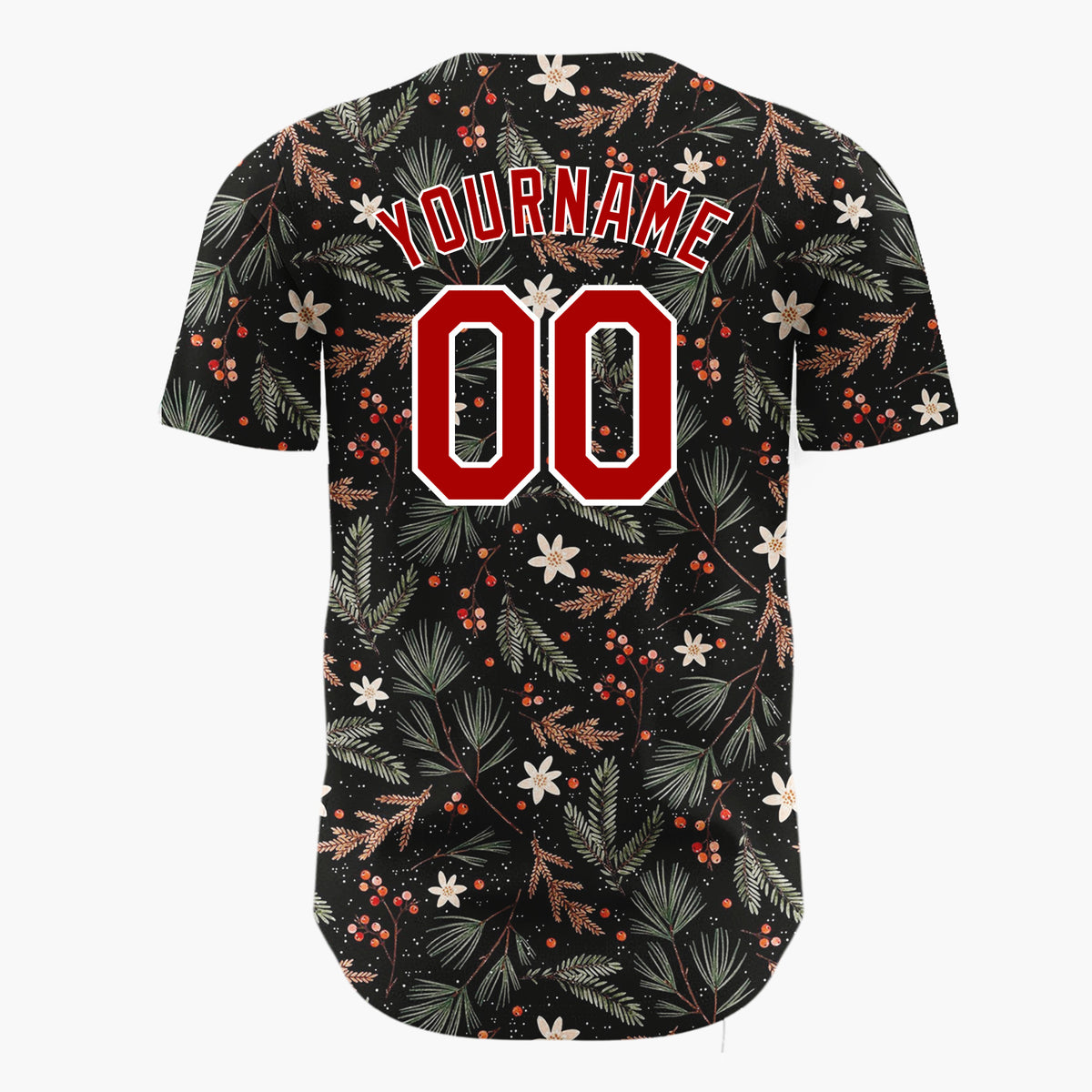 Custom Black Holly Berries Foliage Rustic Cartoon Pattern Christmas Baseball Jersey