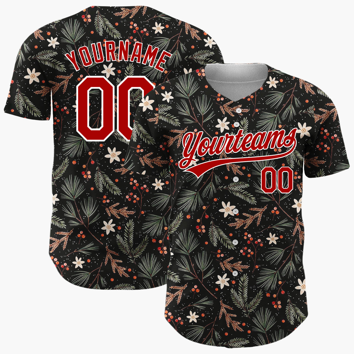 Custom Black Holly Berries Foliage Rustic Cartoon Pattern Christmas Baseball Jersey