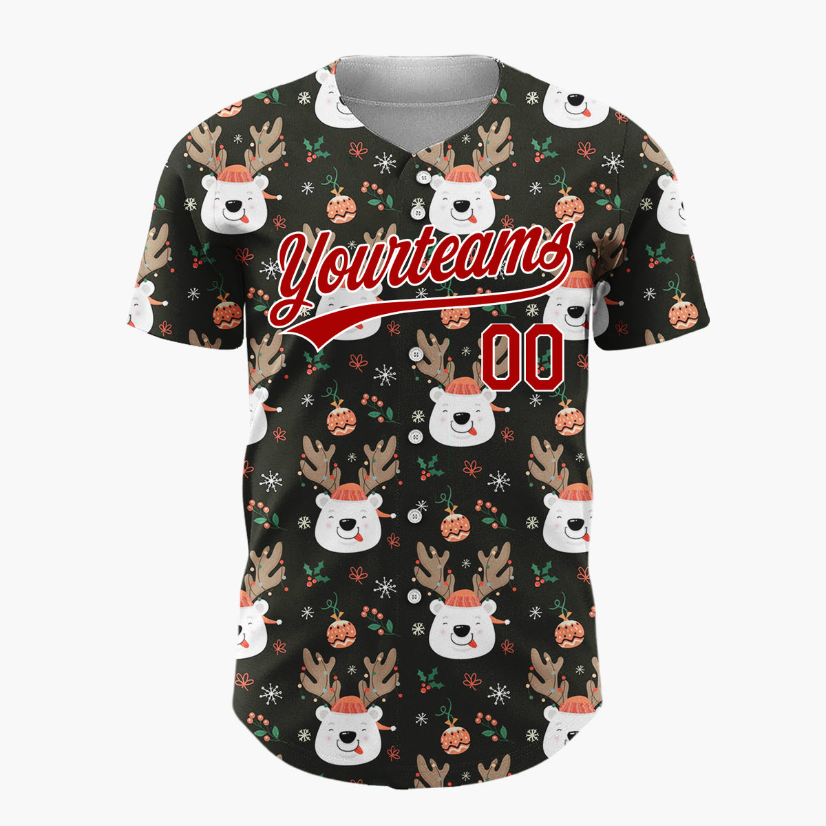 Custom Black Brown Bears Ornaments And Holly Cozy Holiday Pattern Christmas Baseball Jersey