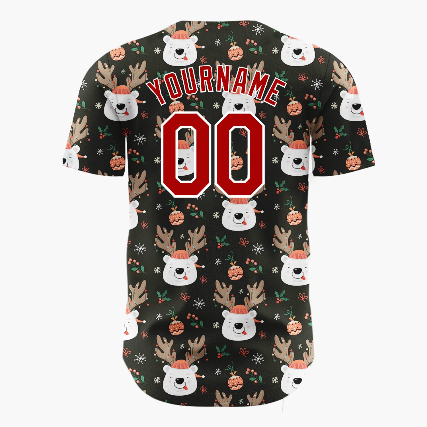 Custom Black Brown Bears Ornaments And Holly Cozy Holiday Pattern Christmas Baseball Jersey