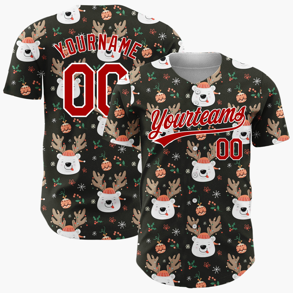 Custom Black Brown Bears Ornaments And Holly Cozy Holiday Pattern Christmas Baseball Jersey