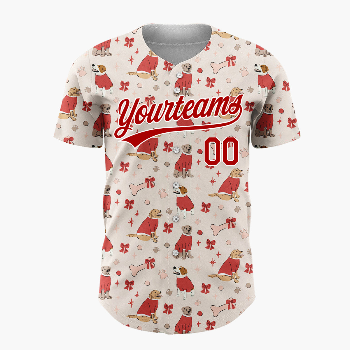 Custom Beige Red Dogs In Sweaters With Bows And Bones Cute Christmas Baseball Jersey