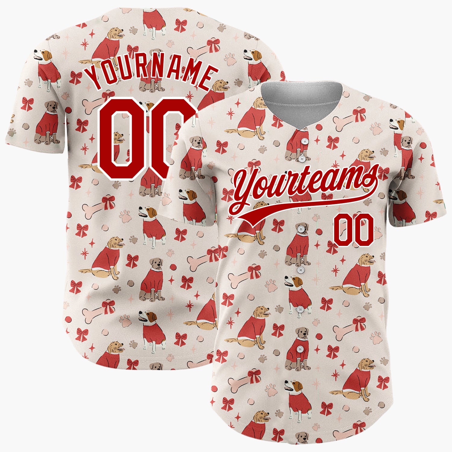 Custom Beige Red Dogs In Sweaters With Bows And Bones Cute Christmas Baseball Jersey
