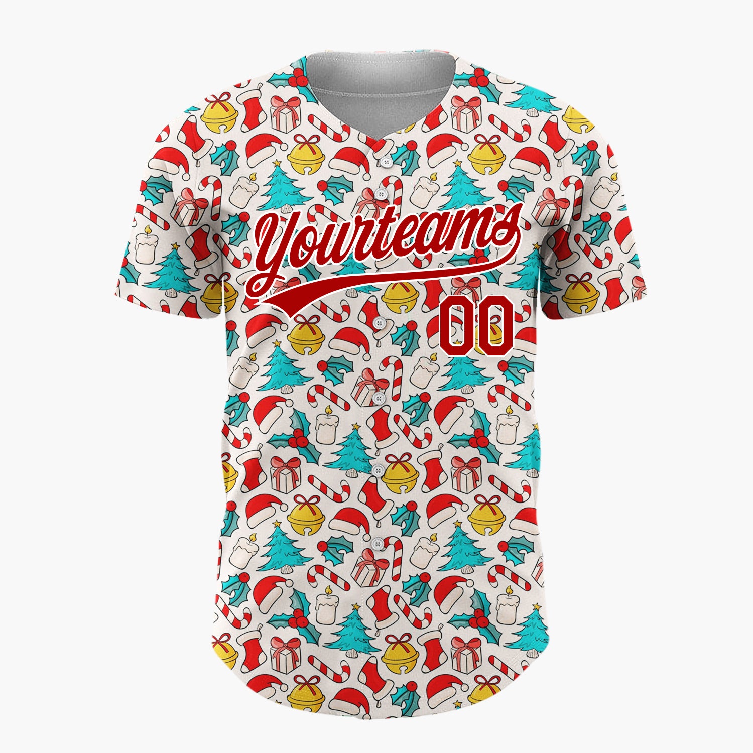 Custom Beige Red Blue Santa Hats And Bells Vintage Icon Pattern Christmas Baseball Jersey