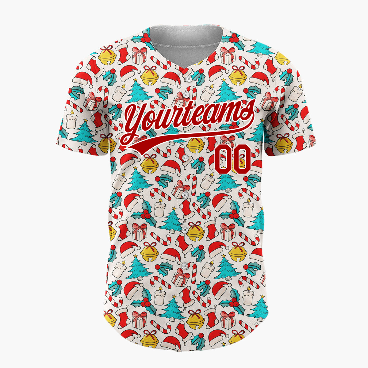 Custom Beige Red Blue Santa Hats And Bells Vintage Icon Pattern Christmas Baseball Jersey