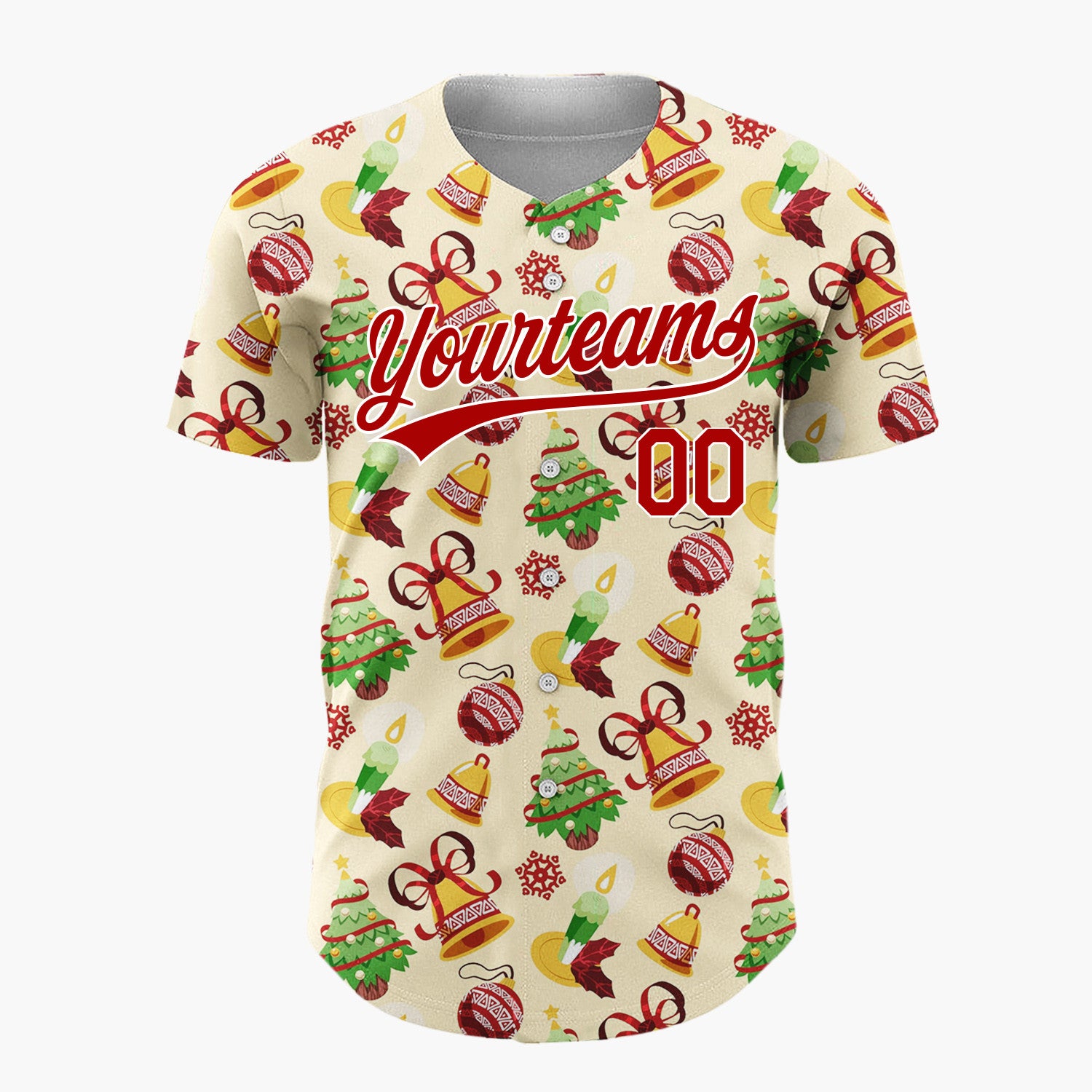 Custom Beige Green Red Gold Bells Trees And Candles Christmas Sketch Pattern Christmas Baseball Jersey