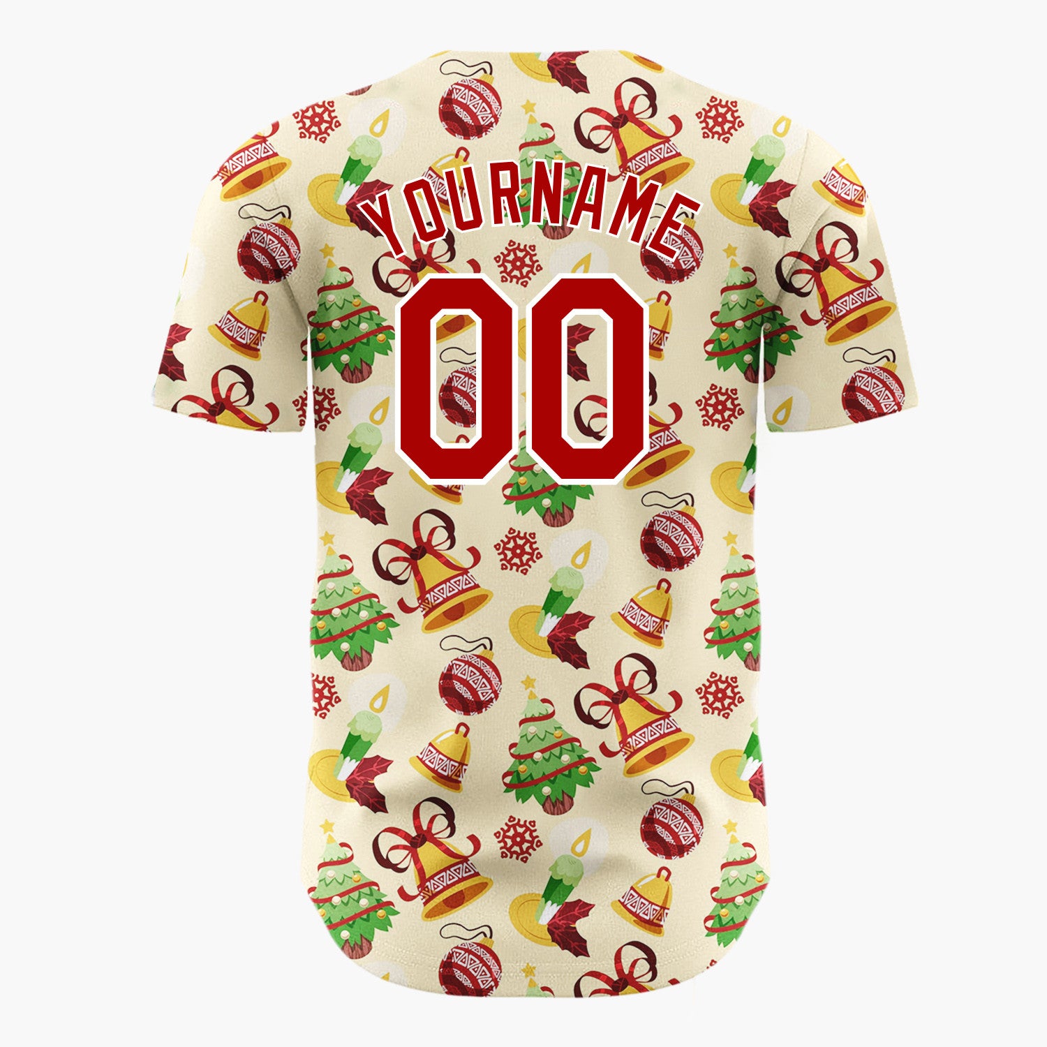 Custom Beige Green Red Gold Bells Trees And Candles Christmas Sketch Pattern Christmas Baseball Jersey