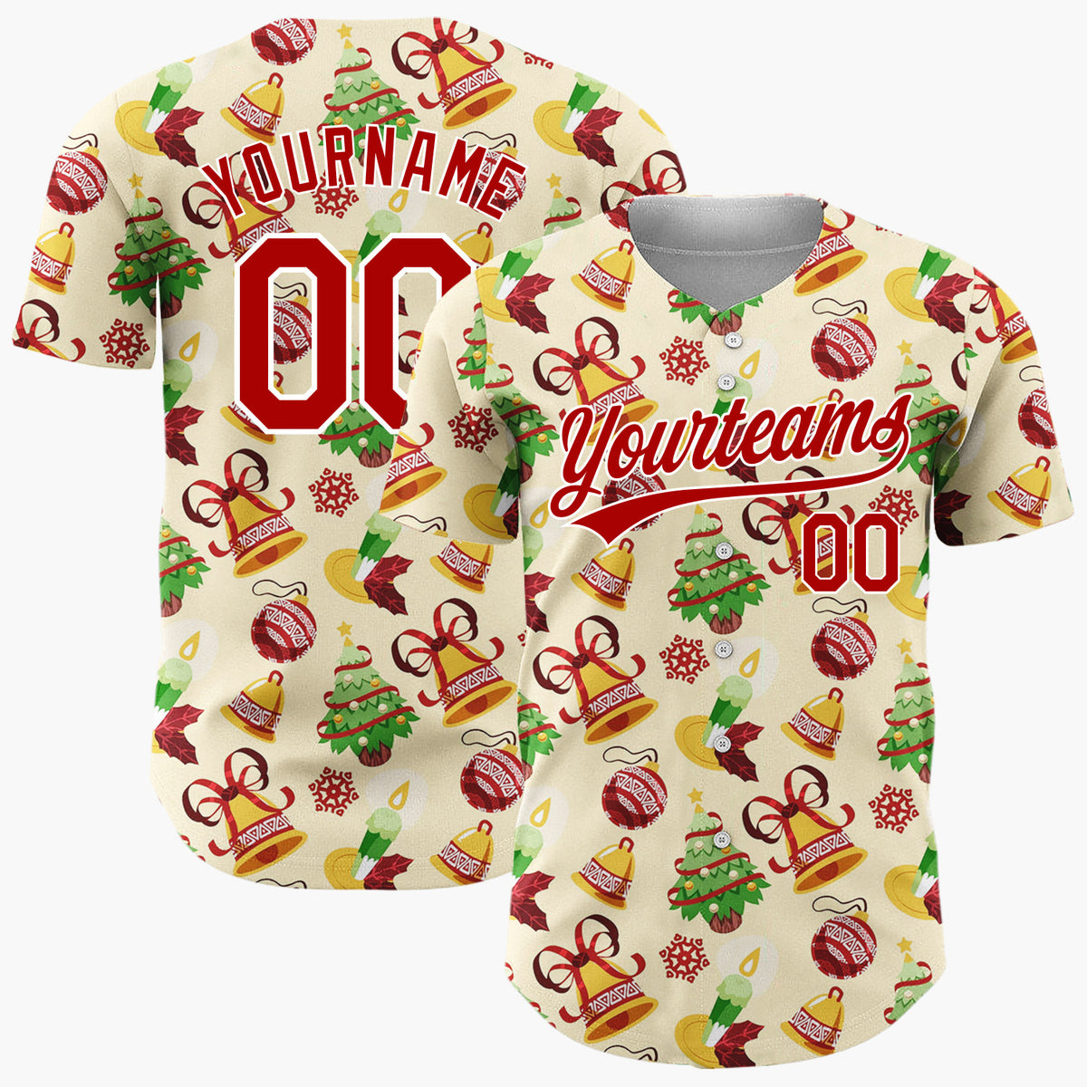 Custom Beige Green Red Gold Bells Trees And Candles Christmas Sketch Pattern Christmas Baseball Jersey