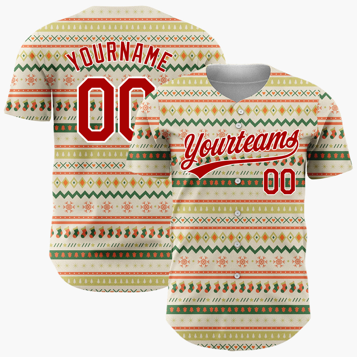 Custom Beige Christmas Stripes Geometric Nordic Pattern Christmas Baseball Jersey