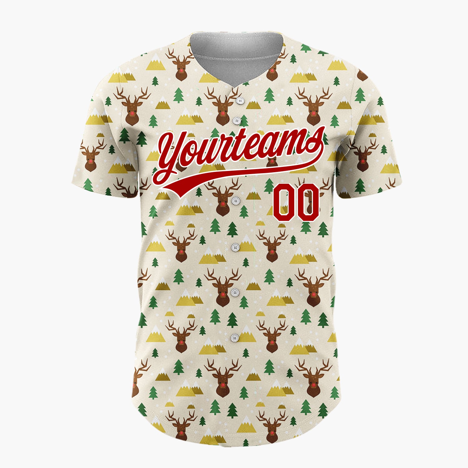 Custom Beige Reindeer Christmas Trees Cartoon Pattern Christmas Baseball Jersey