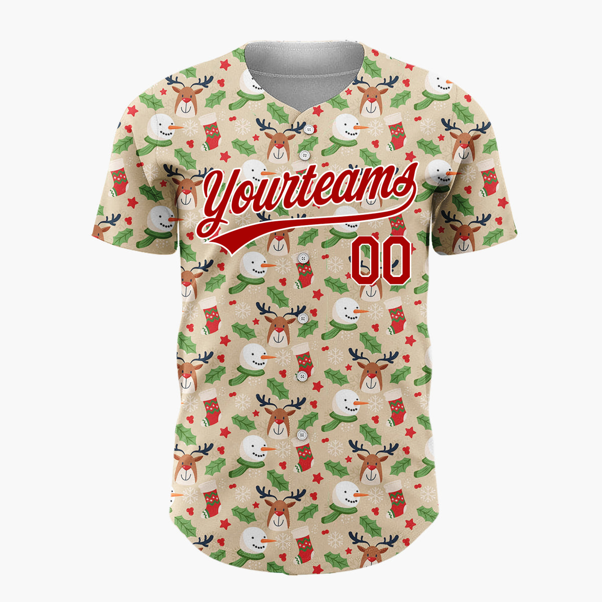 Custom Beige Holly Berries Pinecones Cartoon Pattern Christmas Baseball Jersey