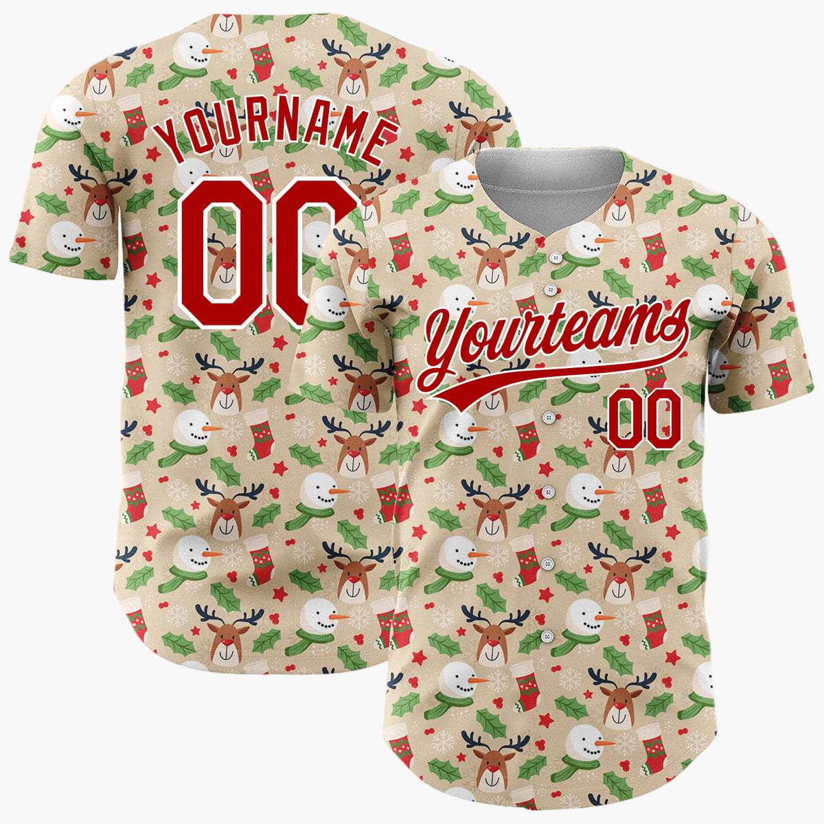 Custom Beige Holly Berries Pinecones Cartoon Pattern Christmas Baseball Jersey