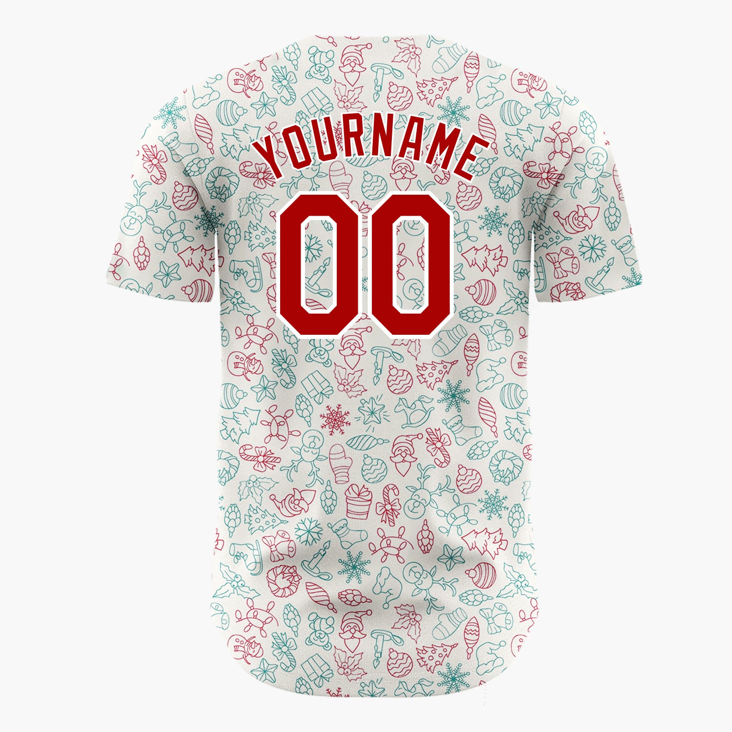 Custom Beige Red Teal Santa Snowmen And Toys Christmas Outline Doodle Pattern Christmas Baseball Jersey