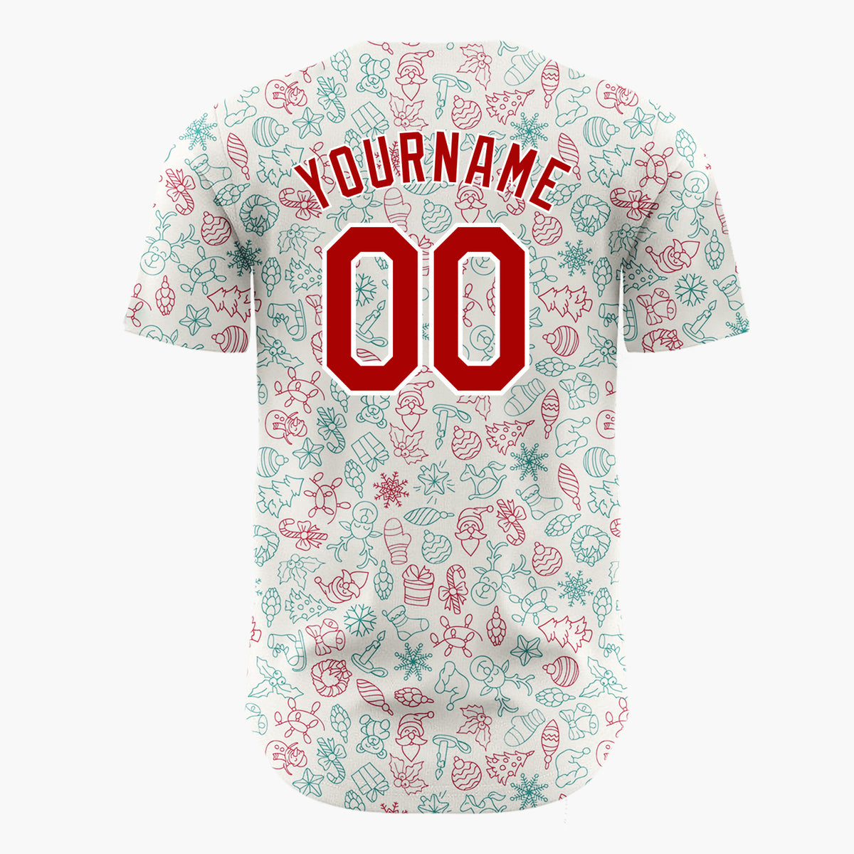 Custom Beige Red Teal Santa Snowmen And Toys Christmas Outline Doodle Pattern Christmas Baseball Jersey