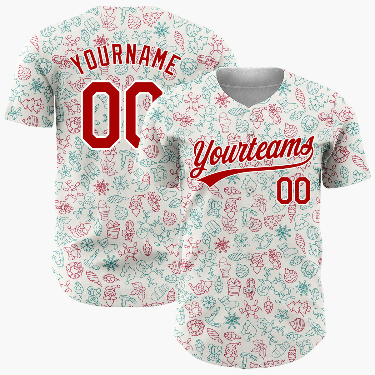 Custom Beige Red Teal Santa Snowmen And Toys Christmas Outline Doodle Pattern Christmas Baseball Jersey