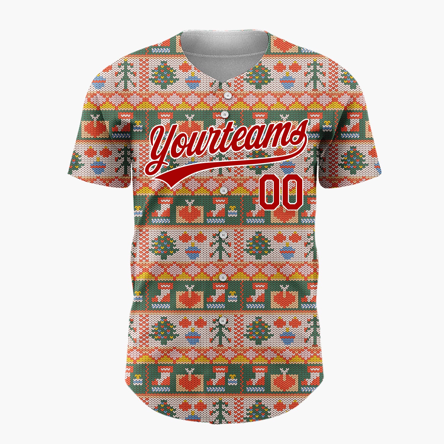 Custom Beige Green Knitted Trees Reindeers And Stockings Cozy Sweater Pattern Christmas Baseball Jersey