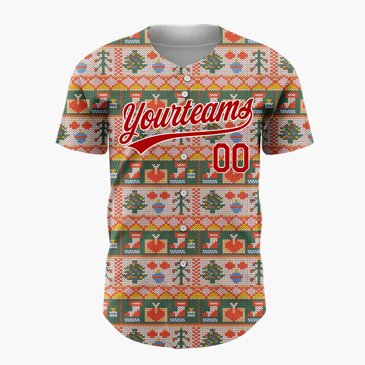 Custom Beige Green Knitted Trees Reindeers And Stockings Cozy Sweater Pattern Christmas Baseball Jersey