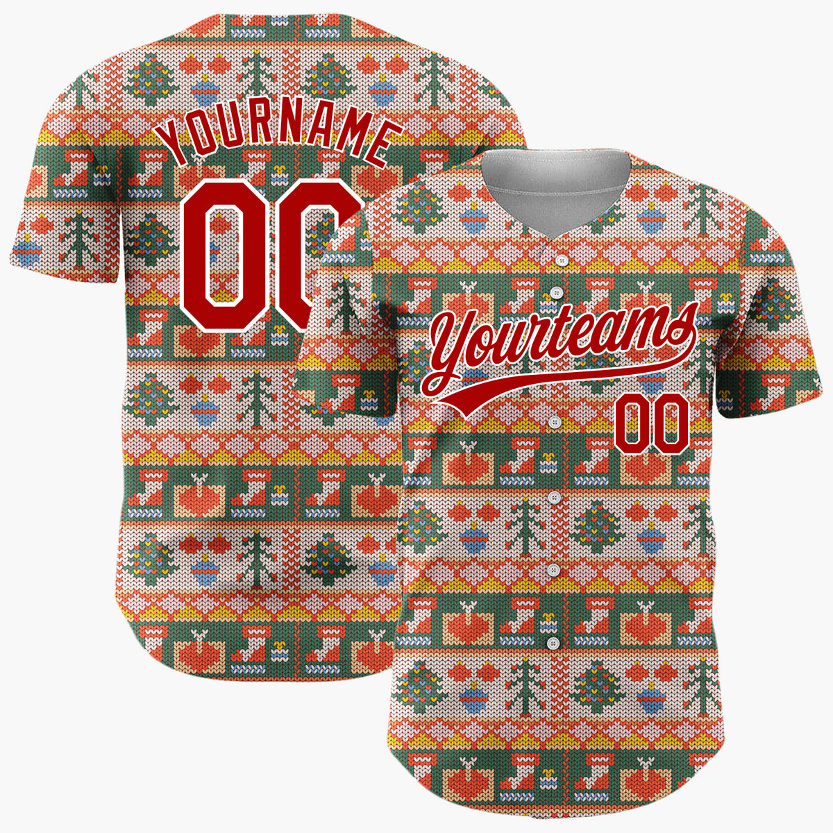 Custom Beige Green Knitted Trees Reindeers And Stockings Cozy Sweater Pattern Christmas Baseball Jersey