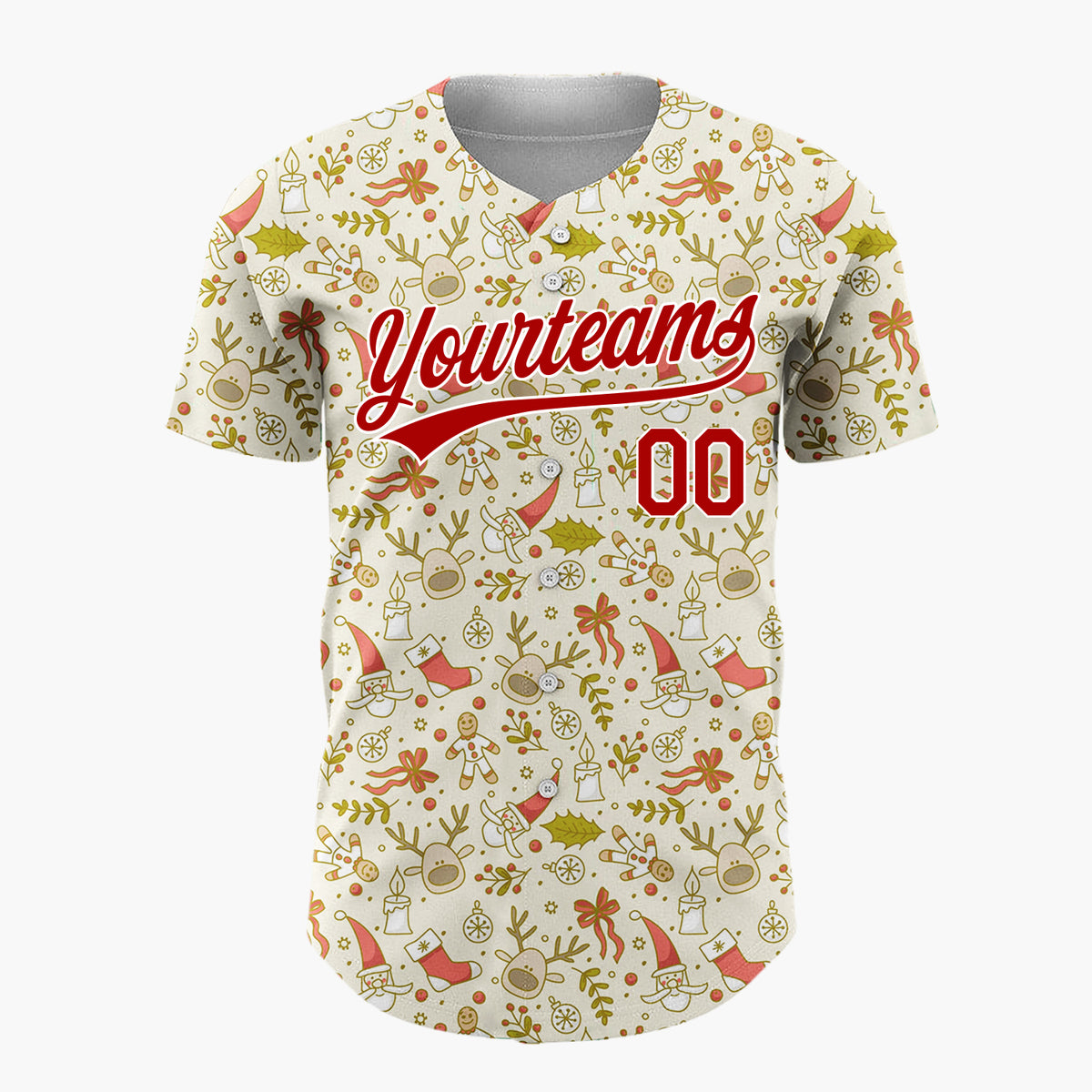 Custom Beige Red Santa Reindeer And Gingerbread Man Delicate Line Art Pattern Christmas Baseball Jersey