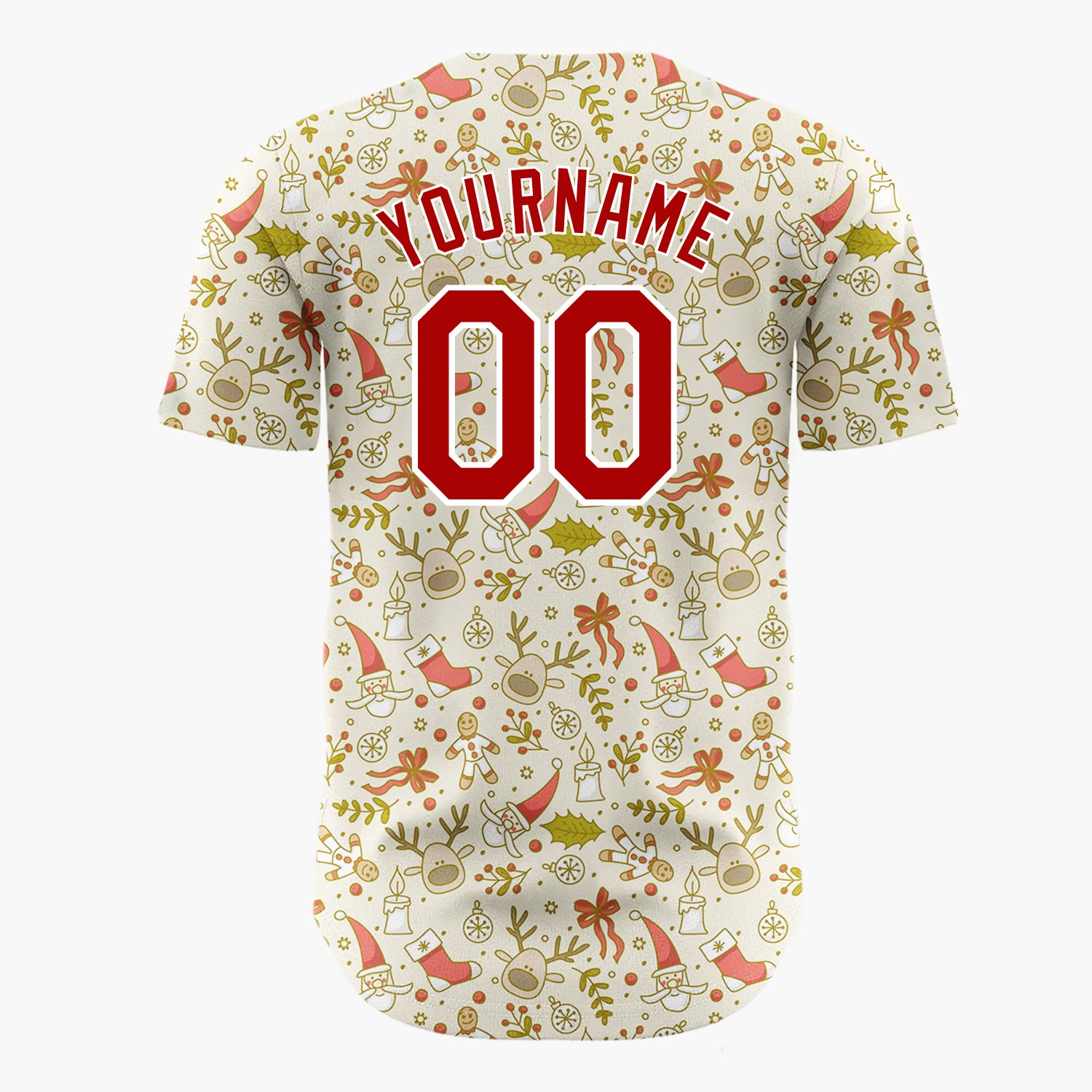 Custom Beige Red Santa Reindeer And Gingerbread Man Delicate Line Art Pattern Christmas Baseball Jersey