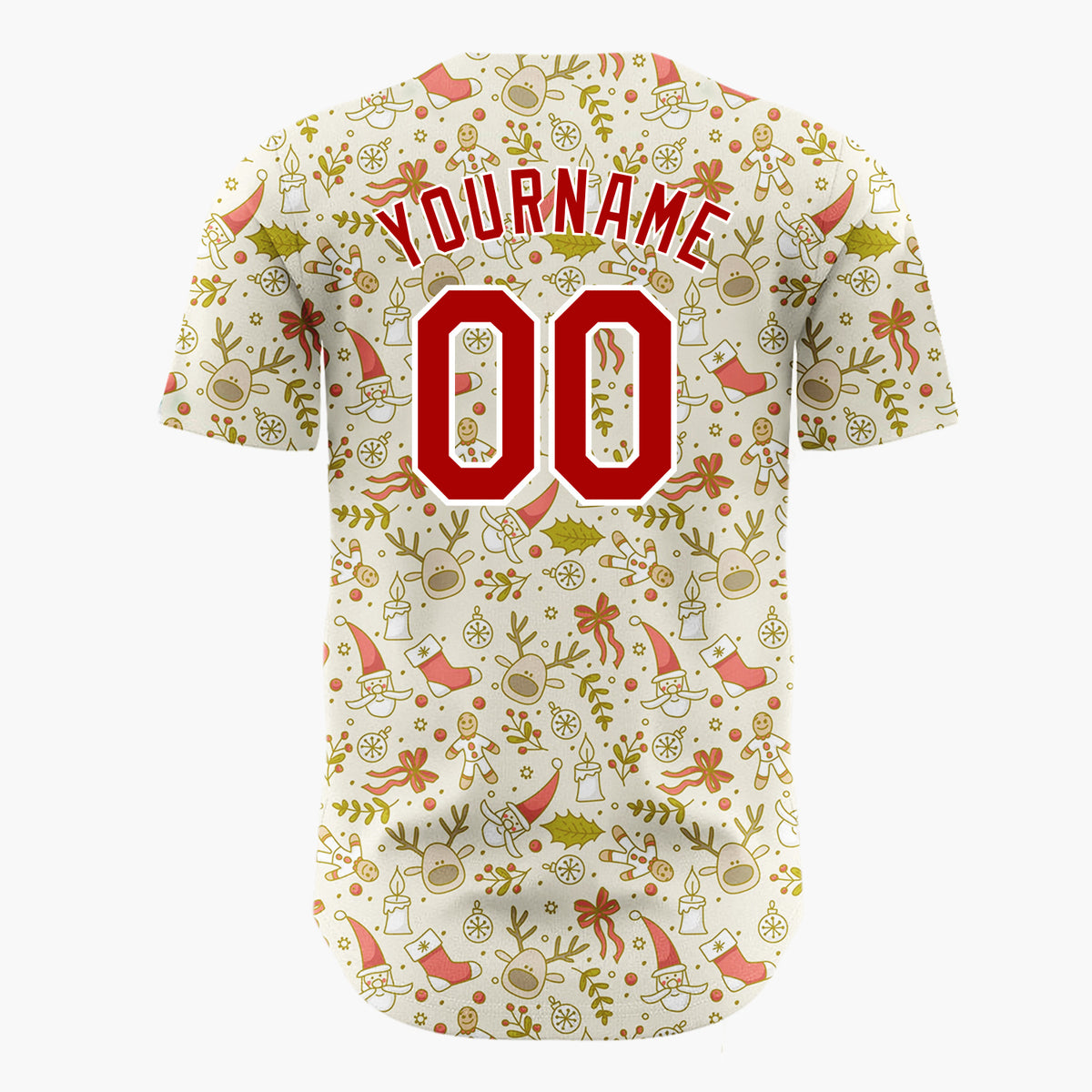 Custom Beige Red Santa Reindeer And Gingerbread Man Delicate Line Art Pattern Christmas Baseball Jersey