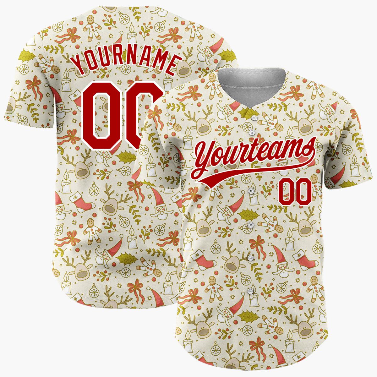 Custom Beige Red Santa Reindeer And Gingerbread Man Delicate Line Art Pattern Christmas Baseball Jersey