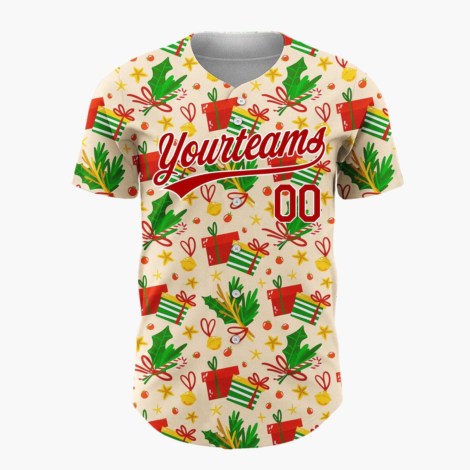 Custom Beige Red Green Gifts Holly And Bells Christmas Doodle Pattern Christmas Baseball Jersey