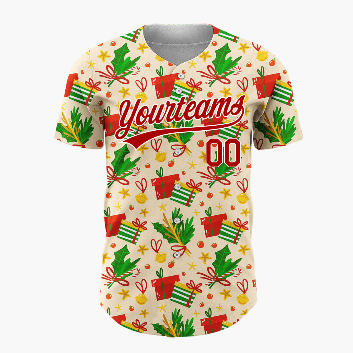 Custom Beige Red Green Gifts Holly And Bells Christmas Doodle Pattern Christmas Baseball Jersey
