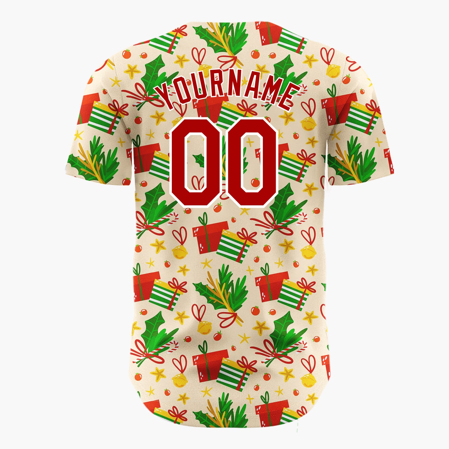Custom Beige Red Green Gifts Holly And Bells Christmas Doodle Pattern Christmas Baseball Jersey