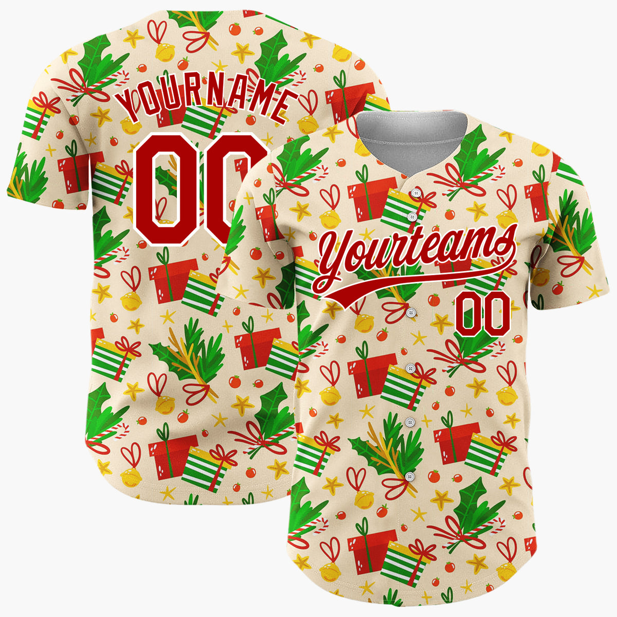 Custom Beige Red Green Gifts Holly And Bells Christmas Doodle Pattern Christmas Baseball Jersey