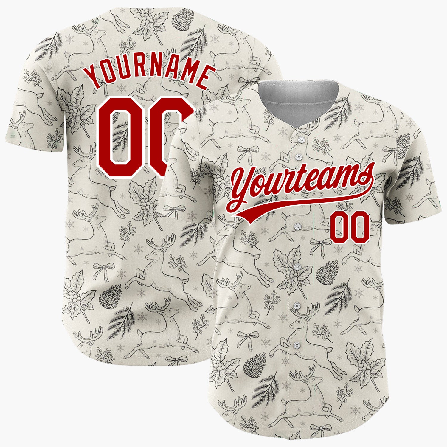 Custom Beige Black White Vintage Reindeer Sketch Christmas Baseball Jersey