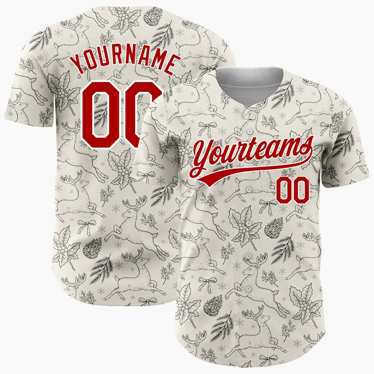 Custom Beige Black White Vintage Reindeer Sketch Christmas Baseball Jersey