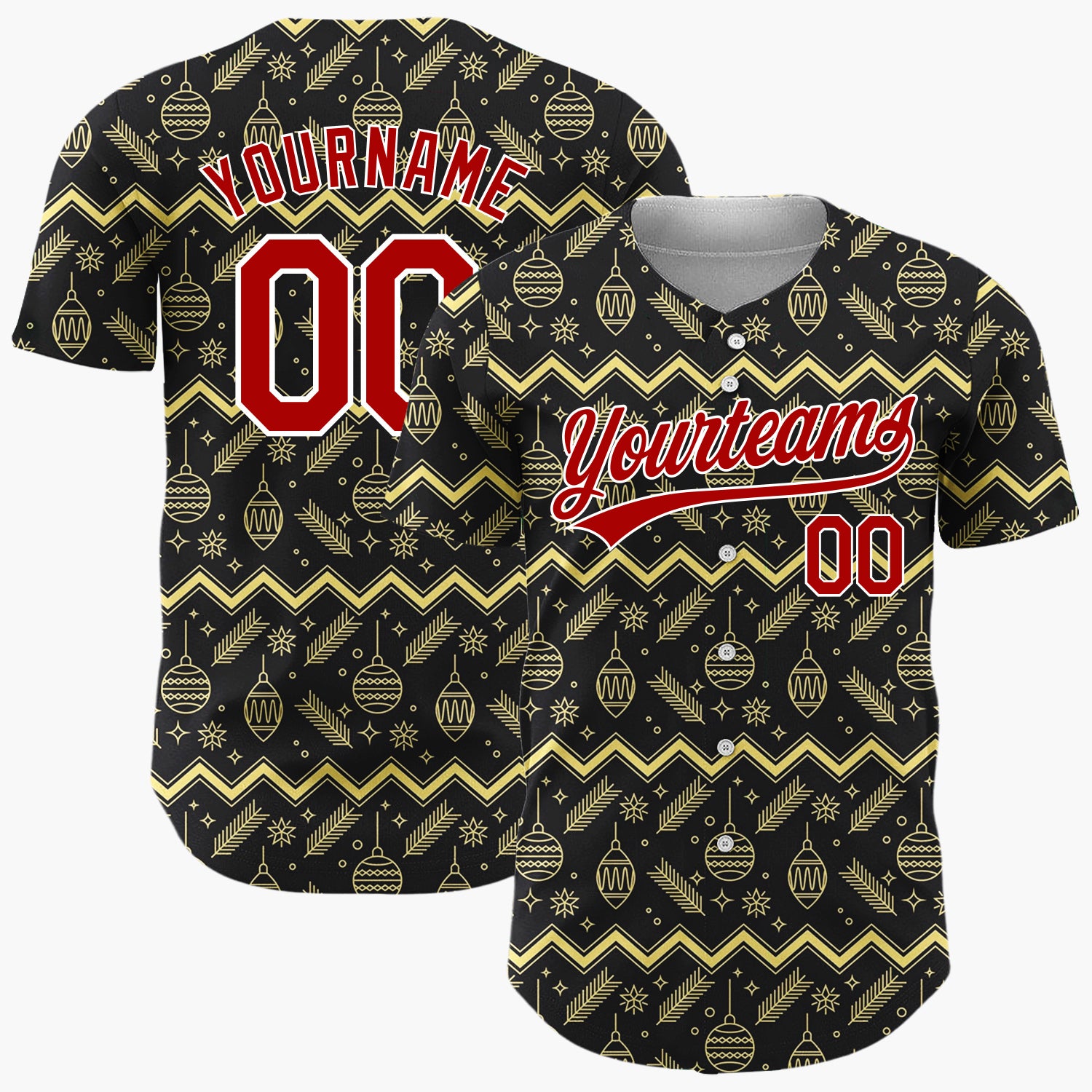 Custom Black Gold Zigzag Ornament Outline Christmas Baseball Jersey