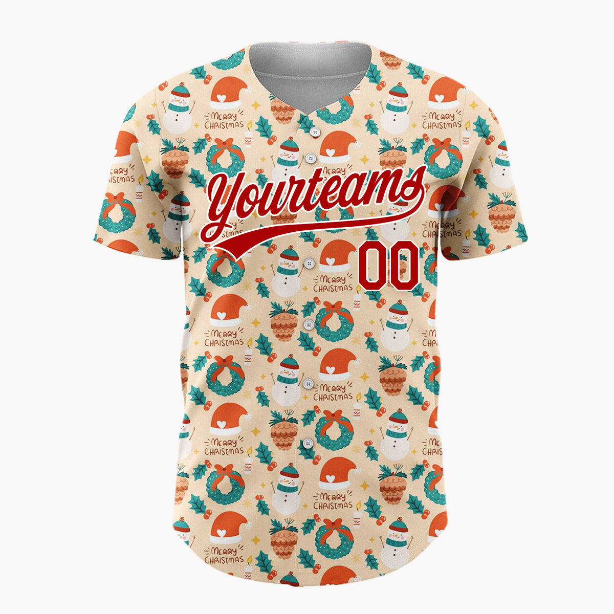 Custom Beige Christmas Wreaths Doodles Cartoon Pattern Christmas Baseball Jersey
