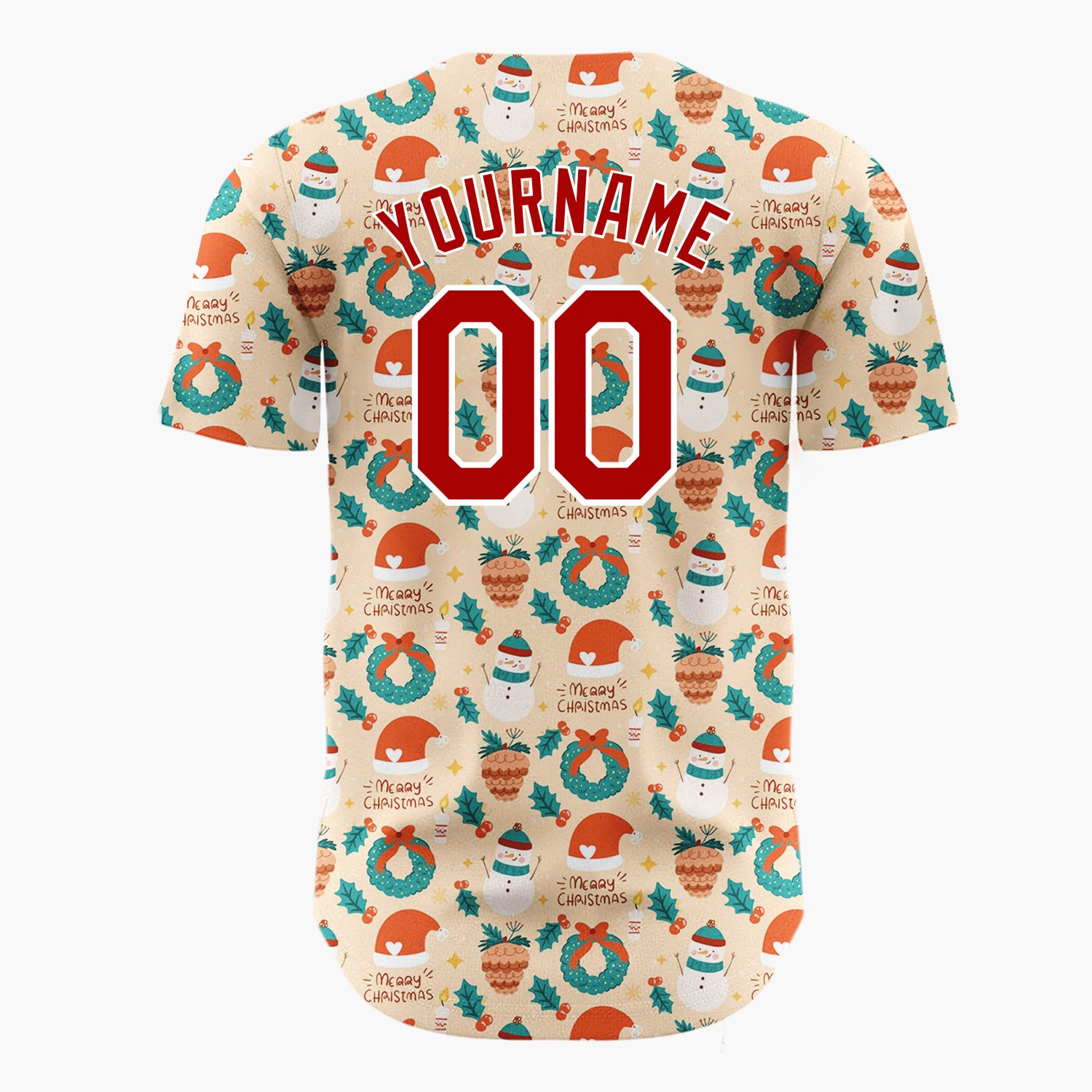 Custom Beige Christmas Wreaths Doodles Cartoon Pattern Christmas Baseball Jersey