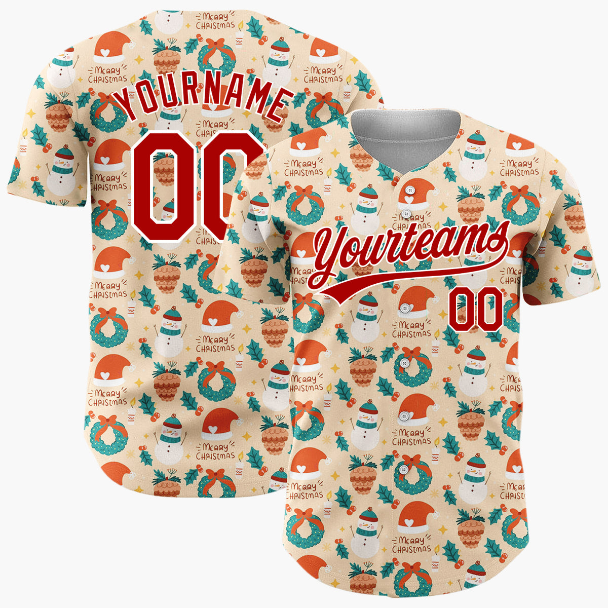 Custom Beige Christmas Wreaths Doodles Cartoon Pattern Christmas Baseball Jersey