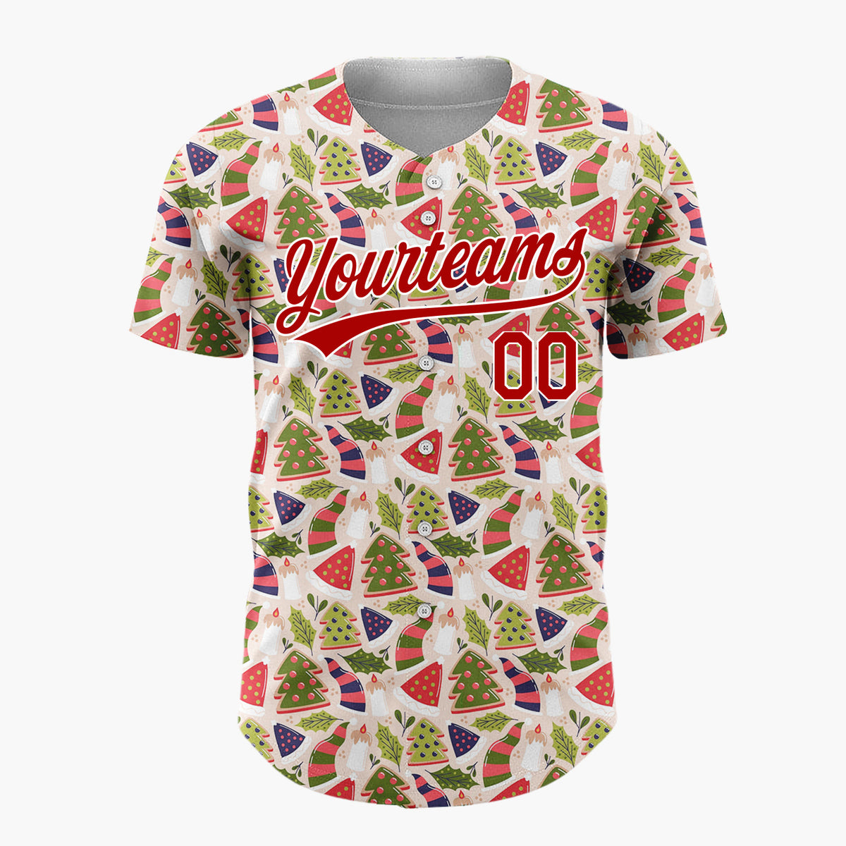 Custom Beige Red Green Trees Hats And Candles Geometric Holiday Pattern Christmas Baseball Jersey
