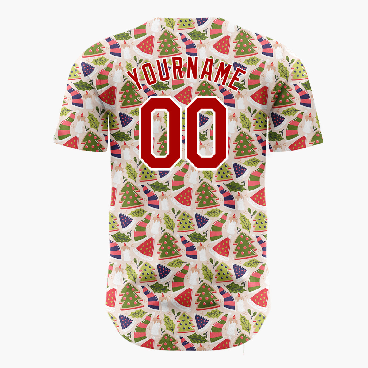 Custom Beige Red Green Trees Hats And Candles Geometric Holiday Pattern Christmas Baseball Jersey