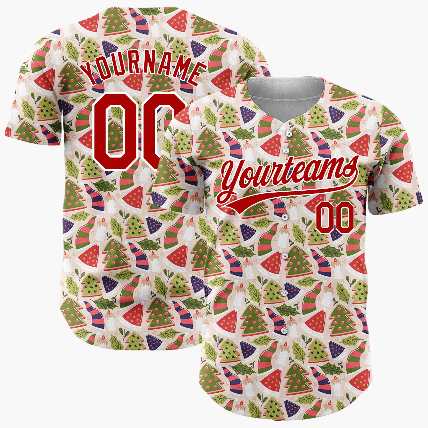 Custom Beige Red Green Trees Hats And Candles Geometric Holiday Pattern Christmas Baseball Jersey